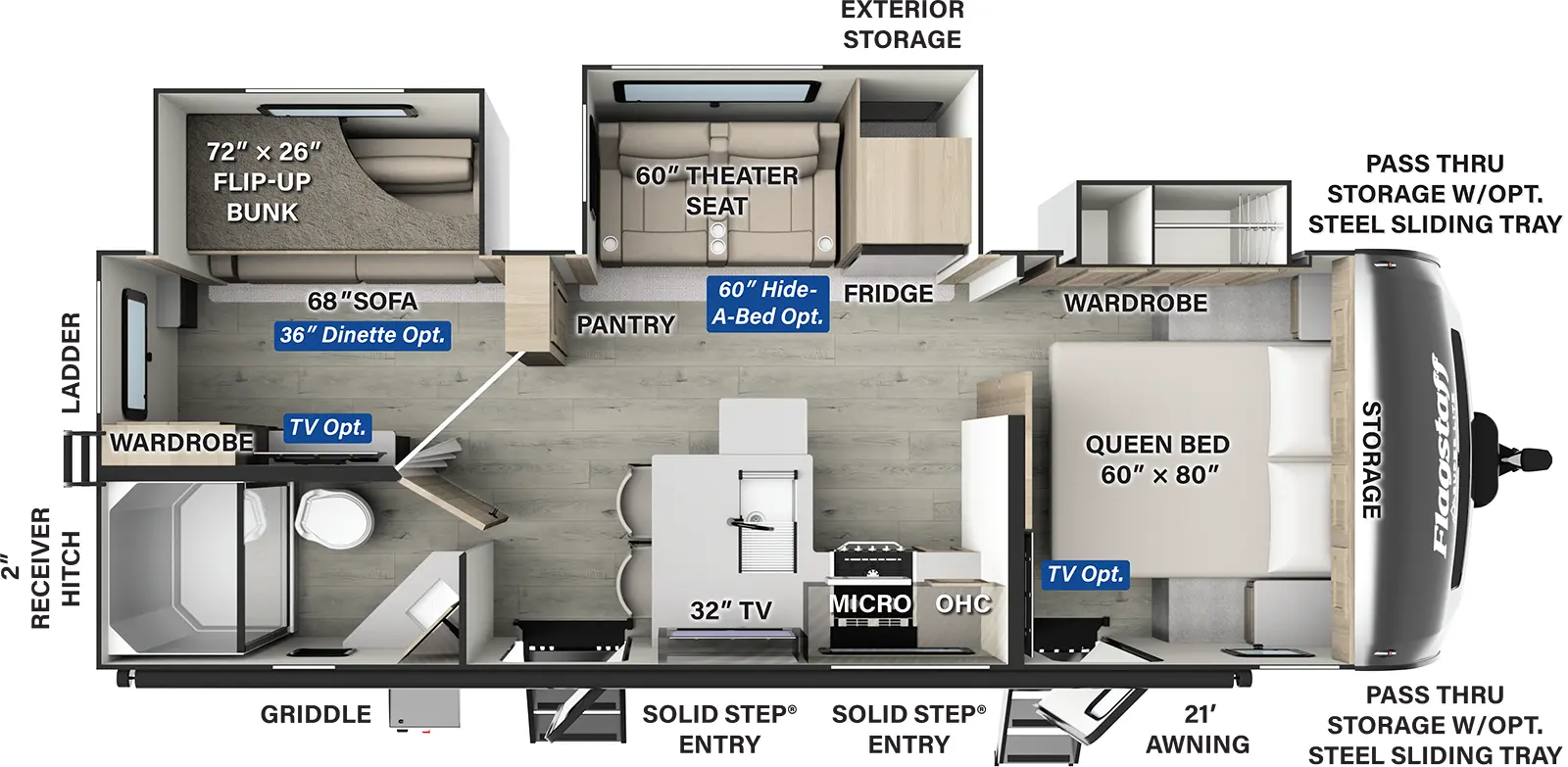 The Flagstaff Super Lite Travel Trailers 26BHW has two entries and three slide outs. Exterior features include: fiberglass exterior and 21' awning. Interiors features include: bunk beds and front bedroom.